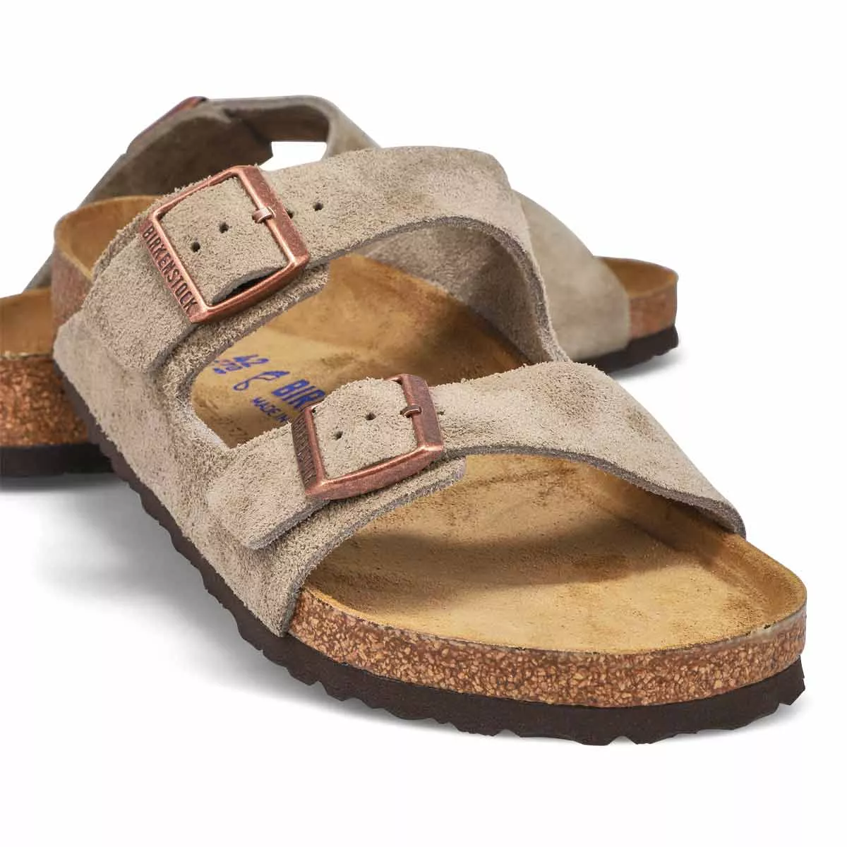 Affordable Birkenstock, Men's Arizona Suede Soft Footbed 2 Strap Sandal - Taupe 0119